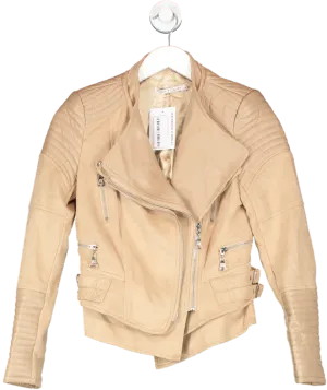 Ivory & Chain Beige Luxe Vegan Leather & Soft Faux Suede Biker Jacket UK 6