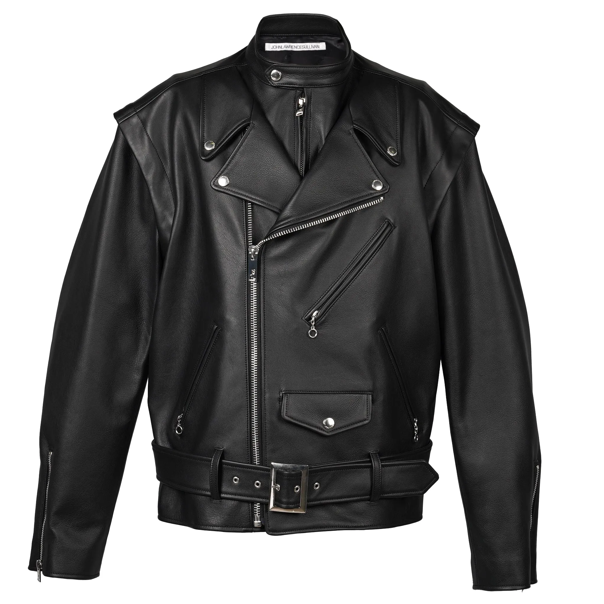 LEATHER DOUBLE FRONT BIKER JACKET / BLACK