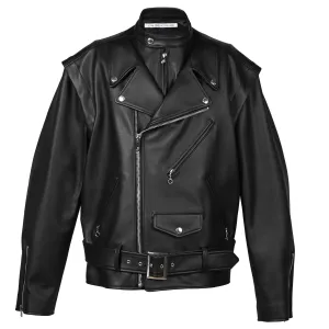 LEATHER DOUBLE FRONT BIKER JACKET / BLACK