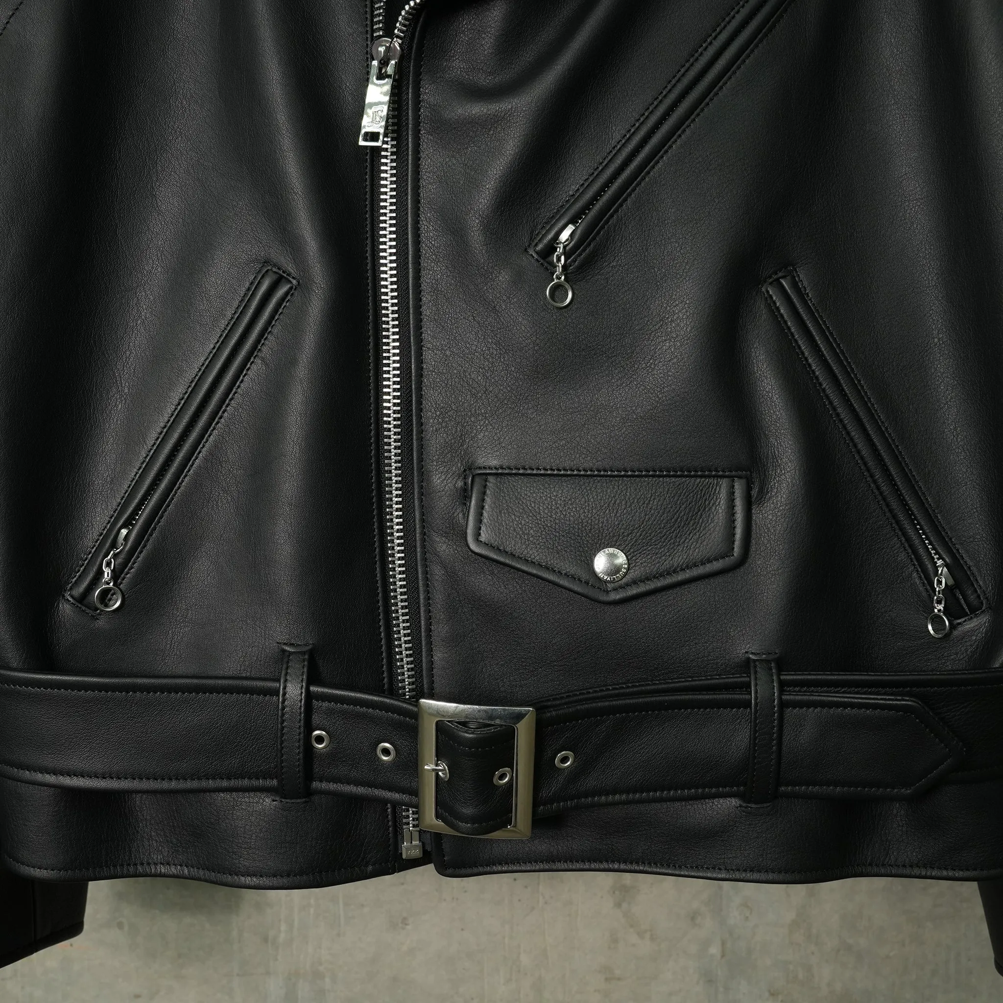 LEATHER DOUBLE FRONT BIKER JACKET / BLACK