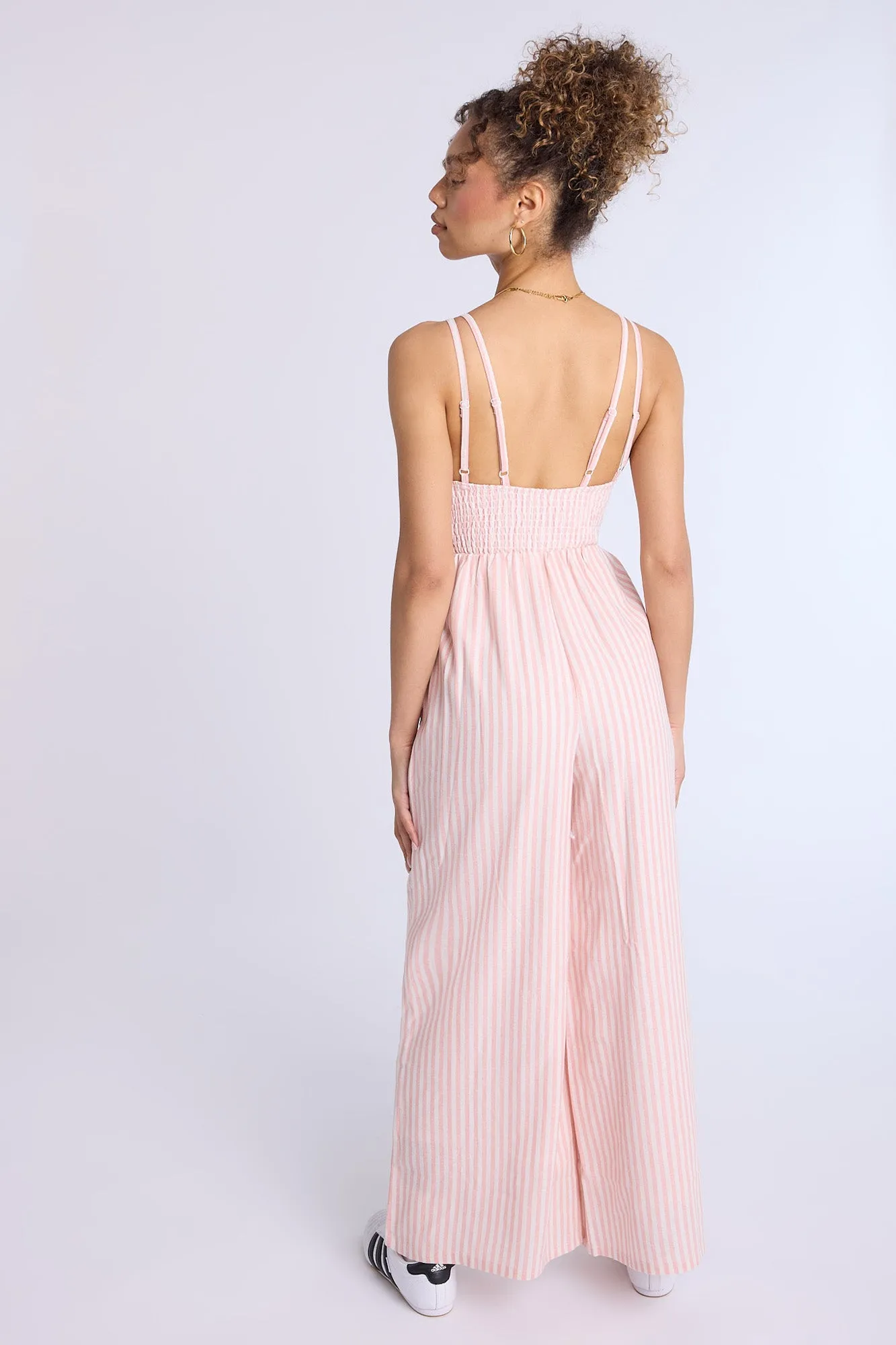 Linen-Blend Smocked Wide Leg Jumpsuit