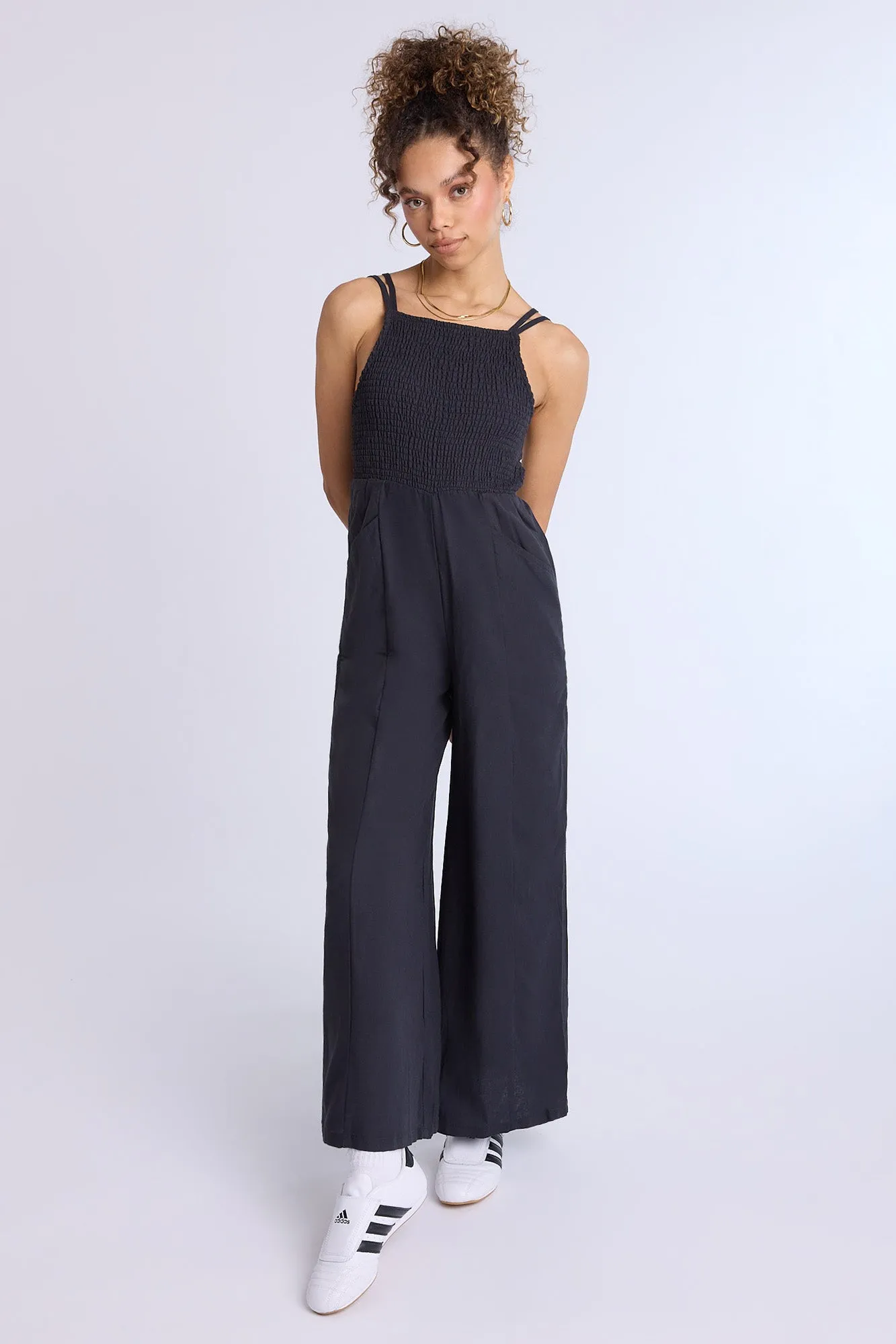 Linen-Blend Smocked Wide Leg Jumpsuit