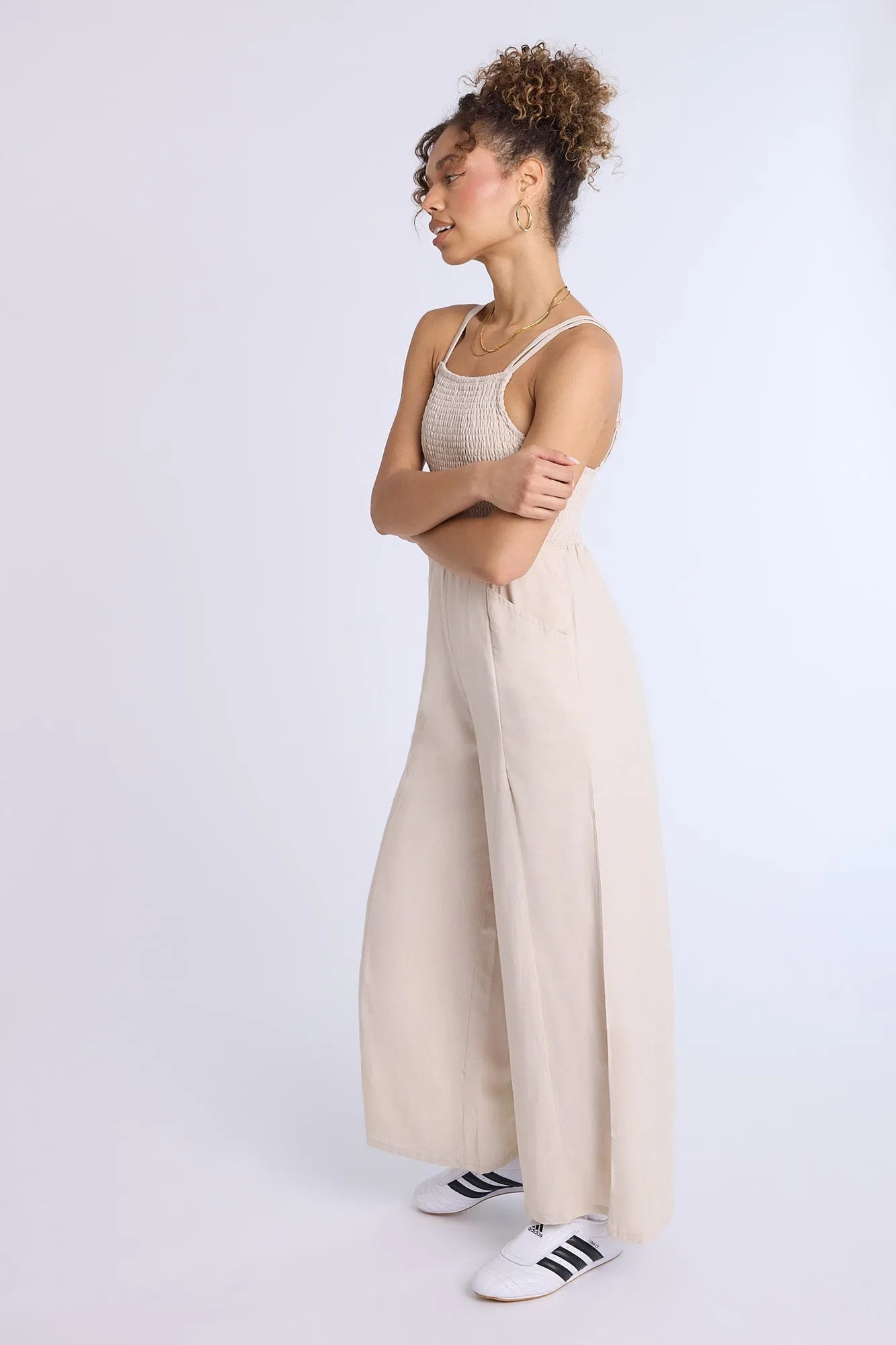 Linen-Blend Smocked Wide Leg Jumpsuit