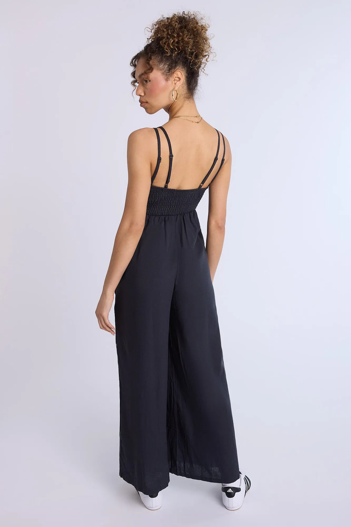 Linen-Blend Smocked Wide Leg Jumpsuit