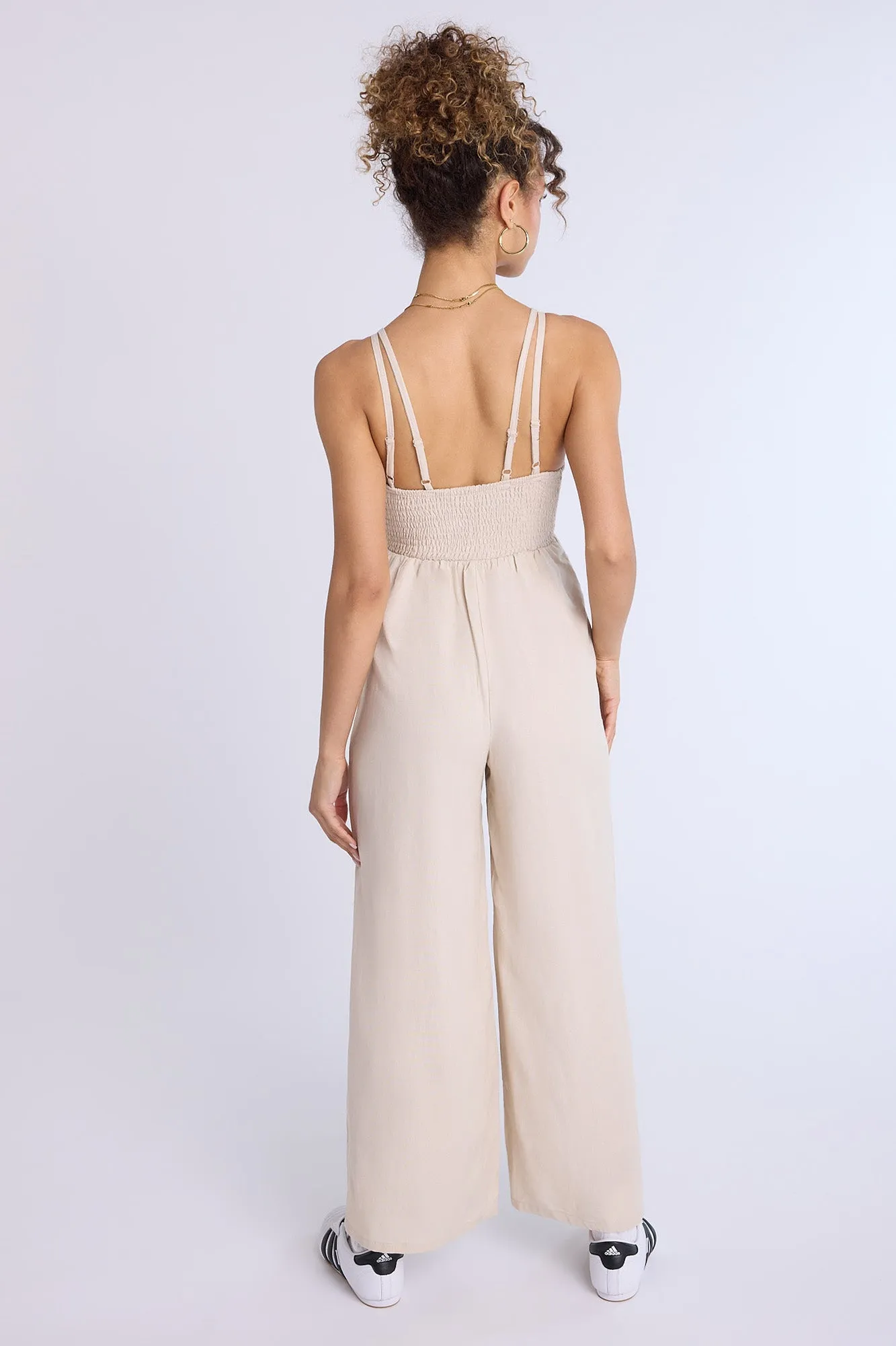 Linen-Blend Smocked Wide Leg Jumpsuit