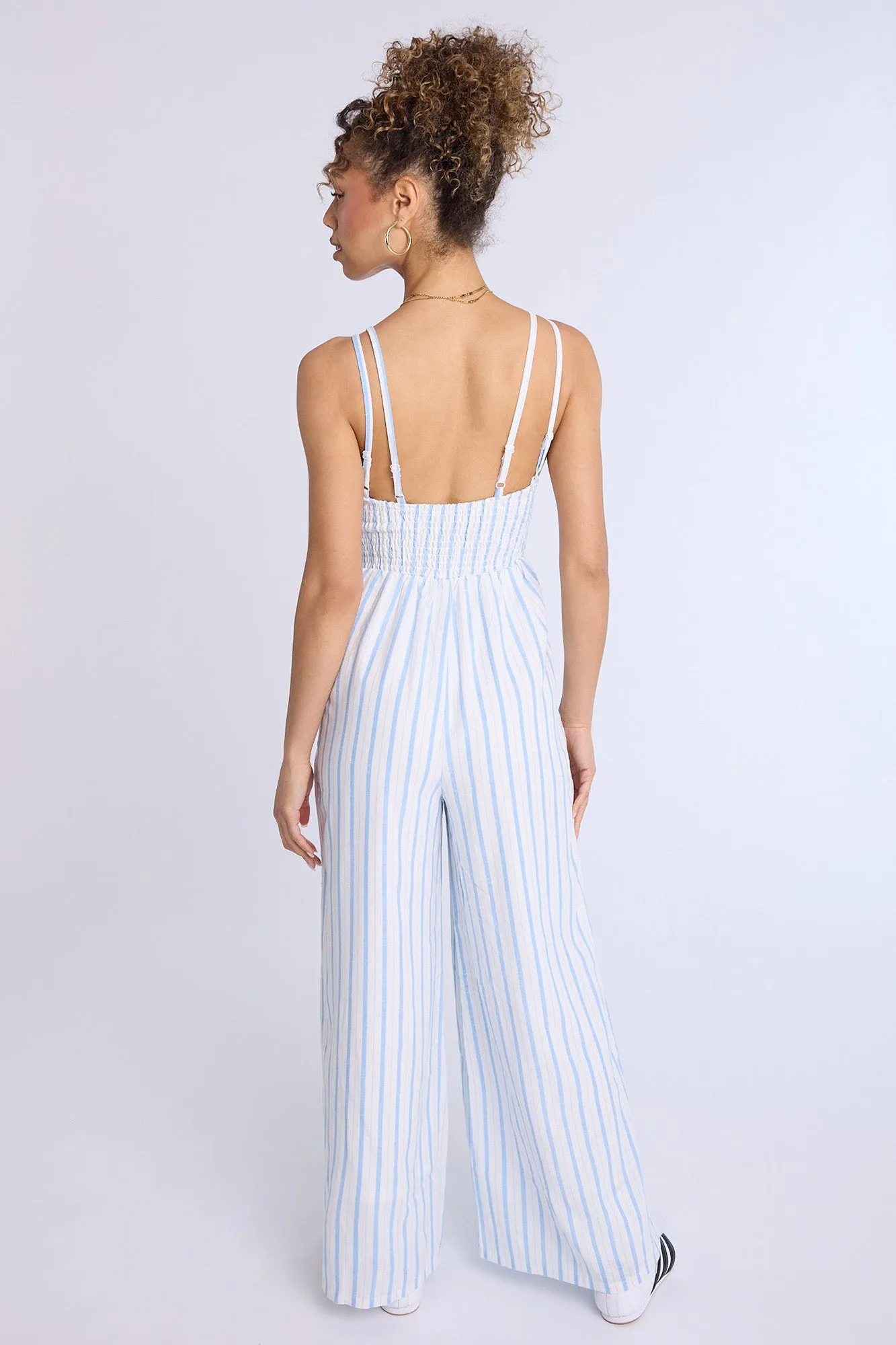 Linen-Blend Smocked Wide Leg Jumpsuit