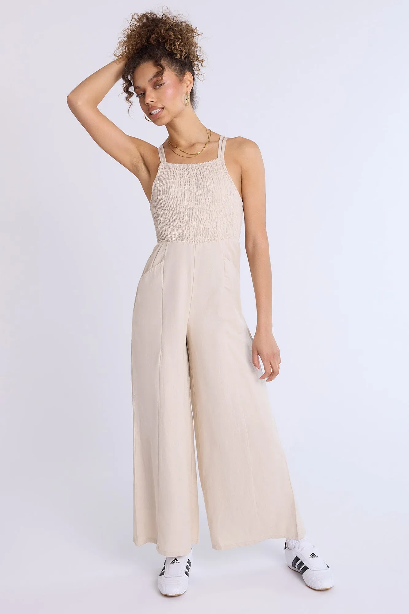 Linen-Blend Smocked Wide Leg Jumpsuit
