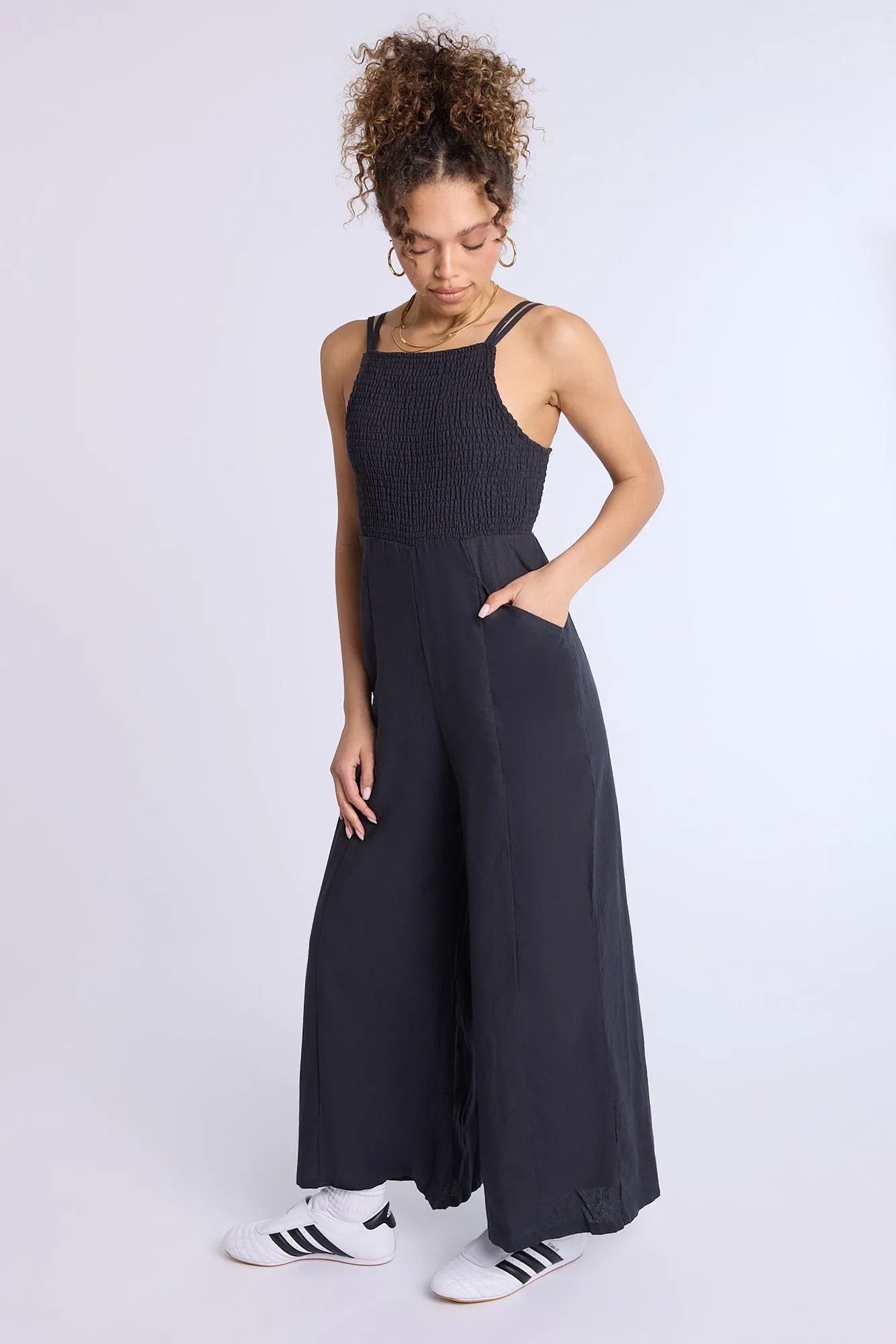 Linen-Blend Smocked Wide Leg Jumpsuit