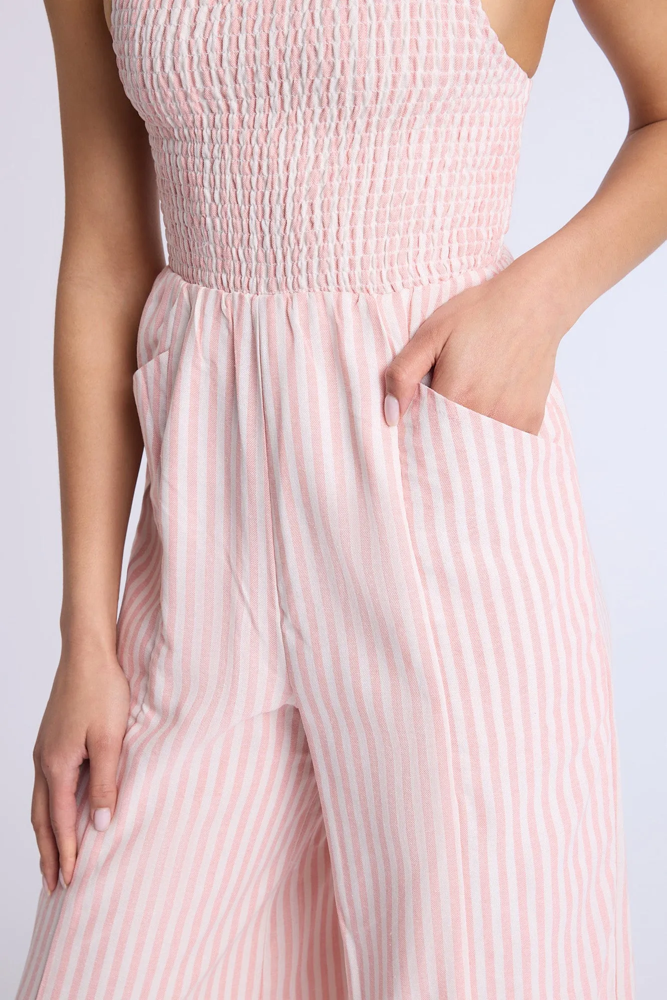 Linen-Blend Smocked Wide Leg Jumpsuit