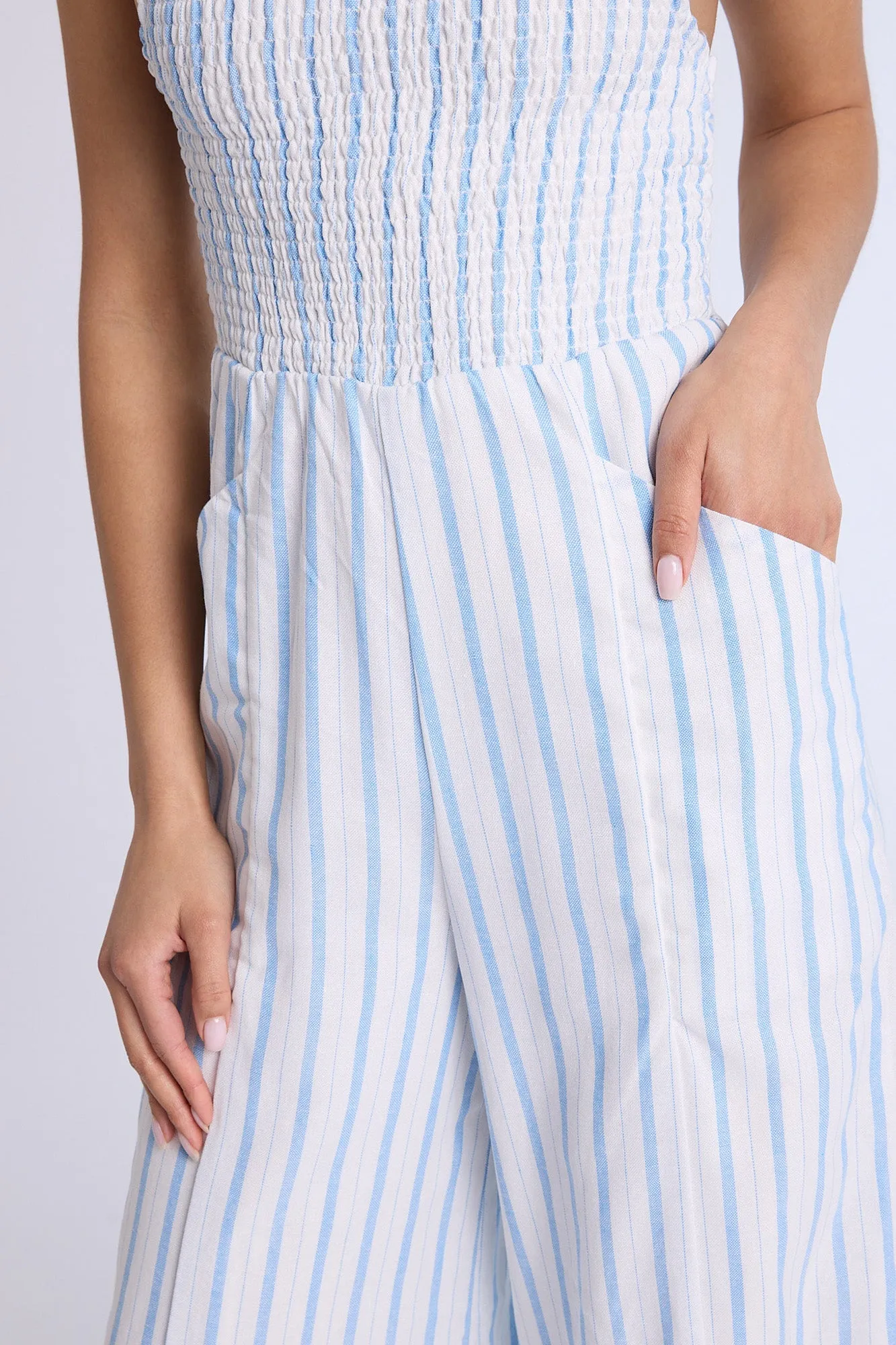 Linen-Blend Smocked Wide Leg Jumpsuit