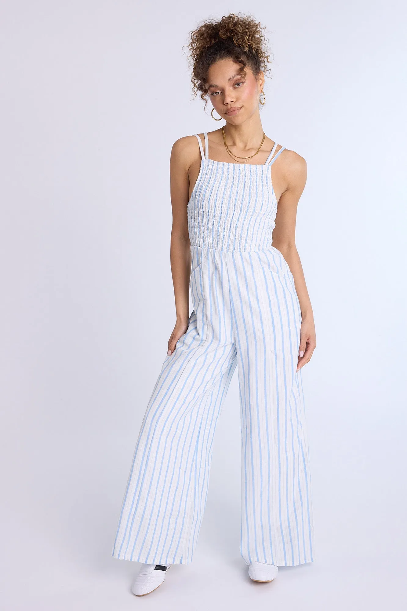 Linen-Blend Smocked Wide Leg Jumpsuit
