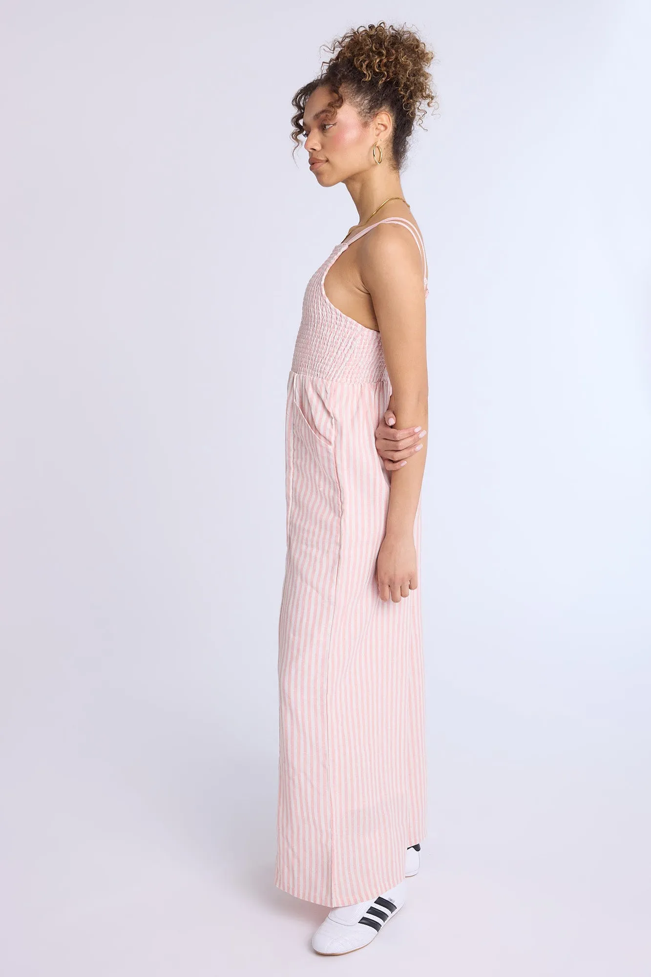 Linen-Blend Smocked Wide Leg Jumpsuit
