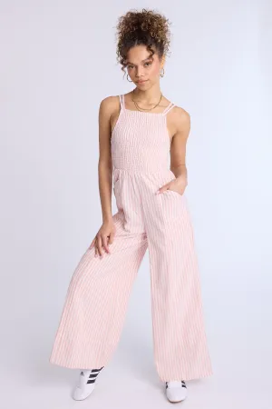 Linen-Blend Smocked Wide Leg Jumpsuit