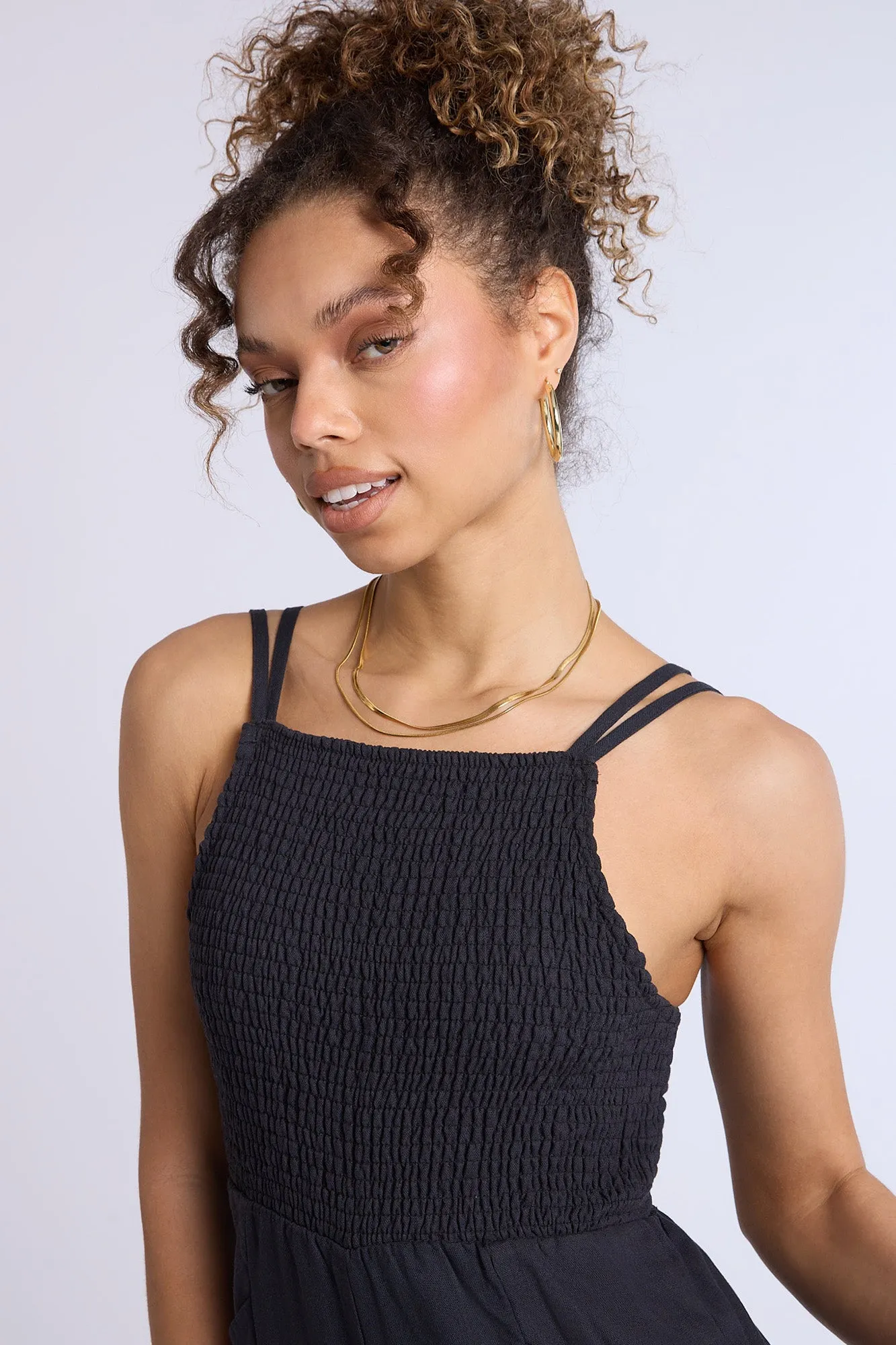 Linen-Blend Smocked Wide Leg Jumpsuit