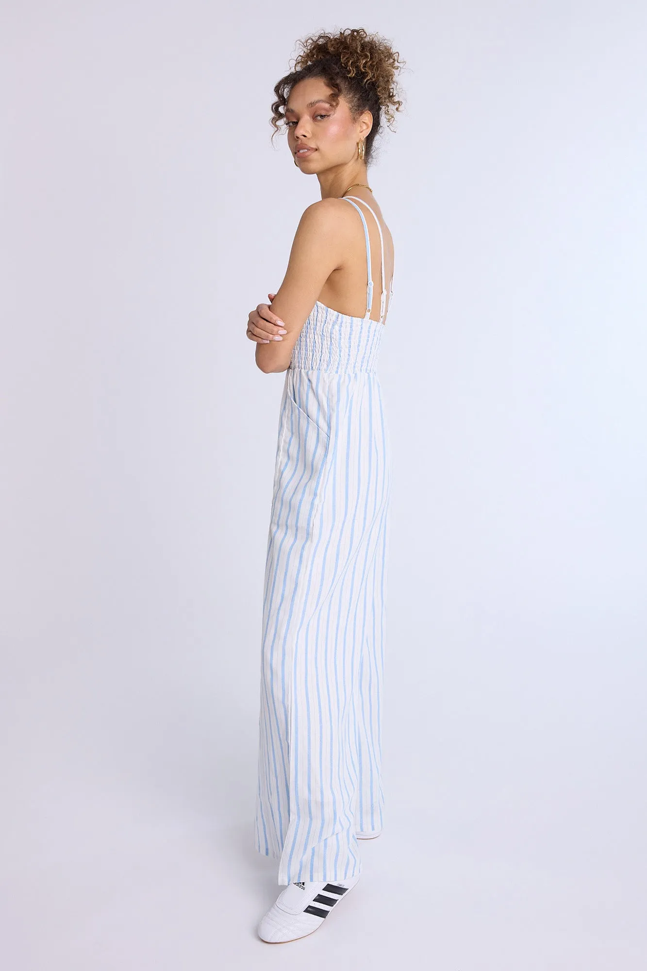 Linen-Blend Smocked Wide Leg Jumpsuit