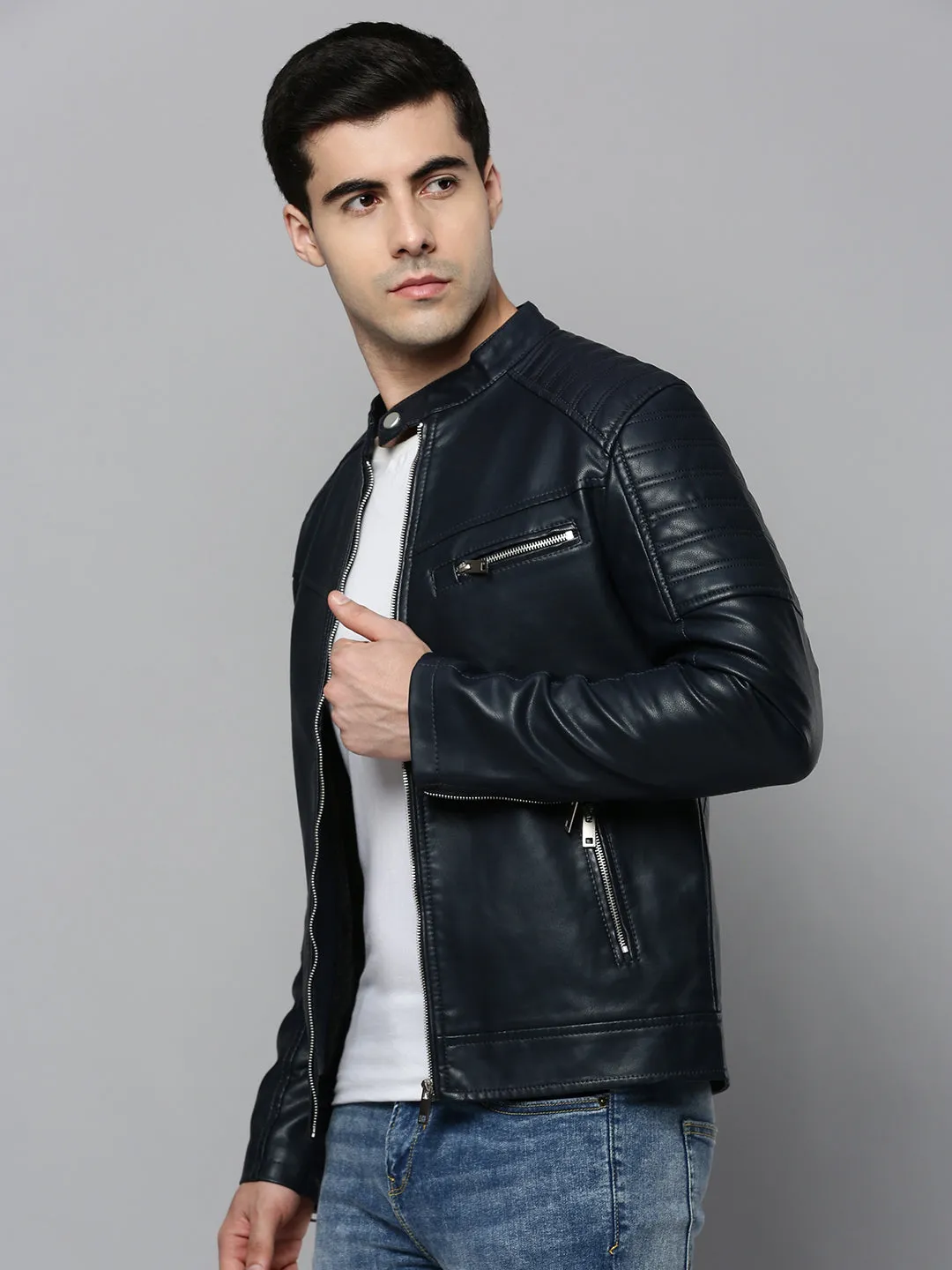 Men Navy Blue Leather Biker Jacket
