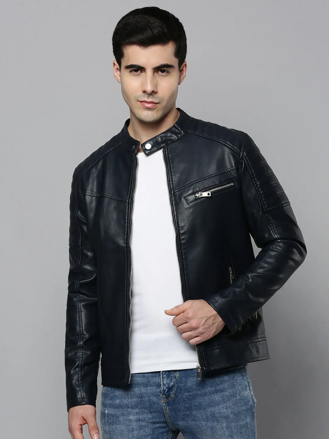 Men Navy Blue Leather Biker Jacket