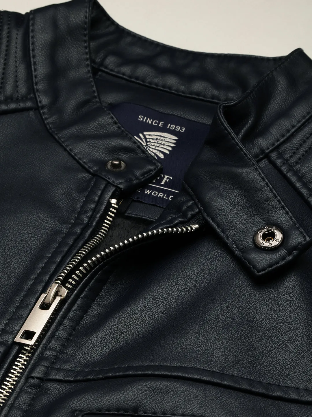 Men Navy Blue Leather Biker Jacket