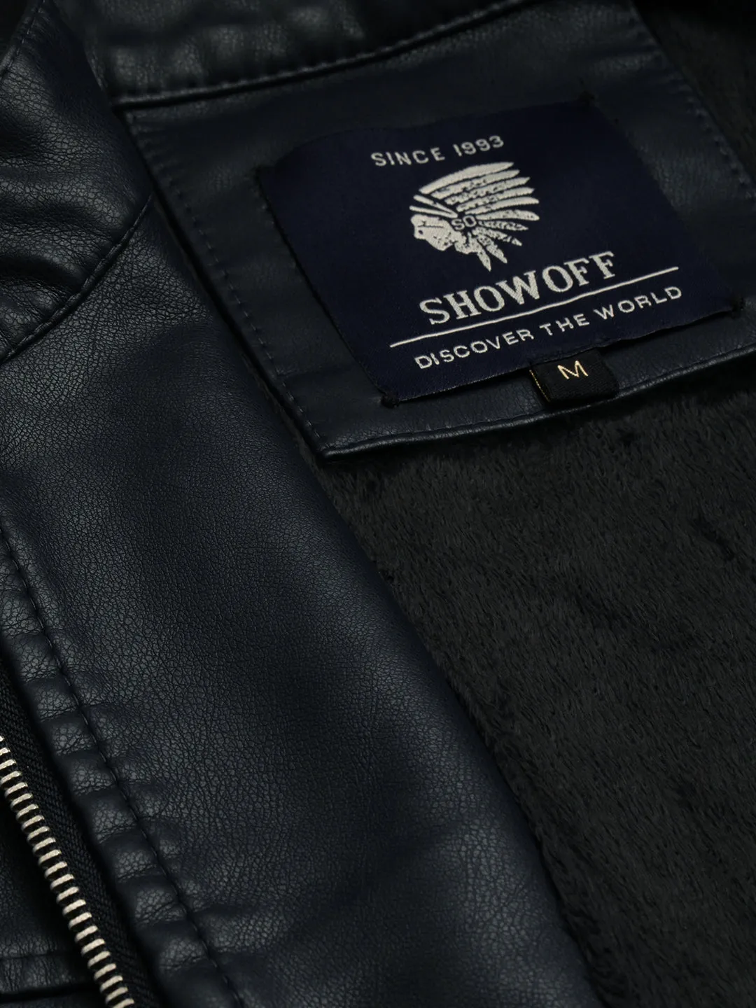 Men Navy Blue Leather Biker Jacket