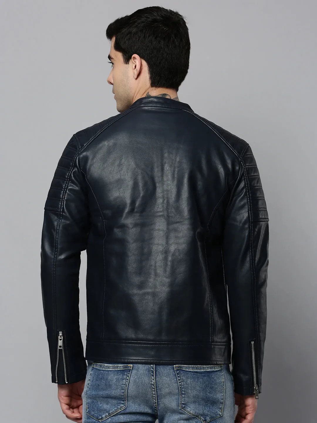 Men Navy Blue Leather Biker Jacket