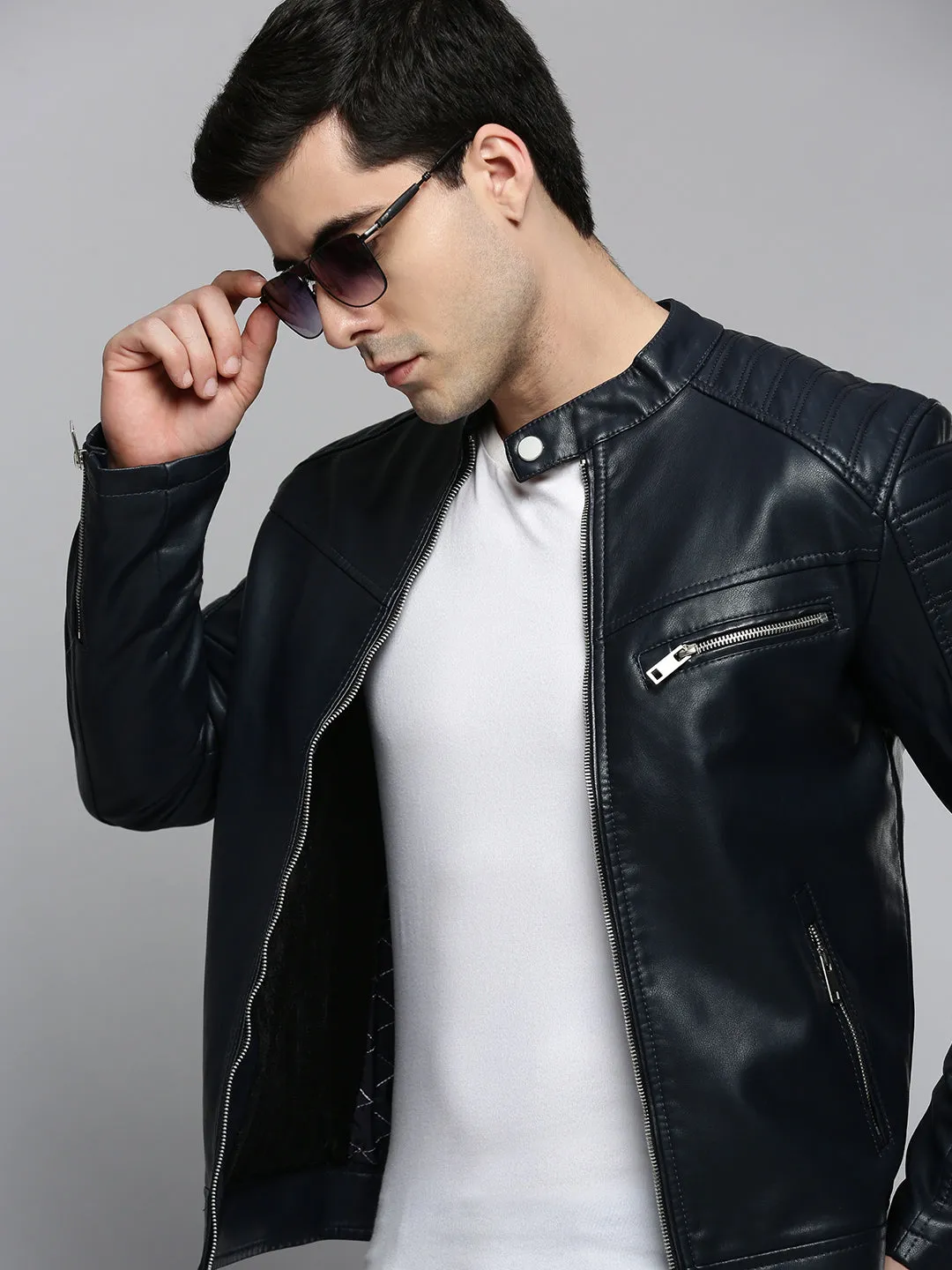 Men Navy Blue Leather Biker Jacket