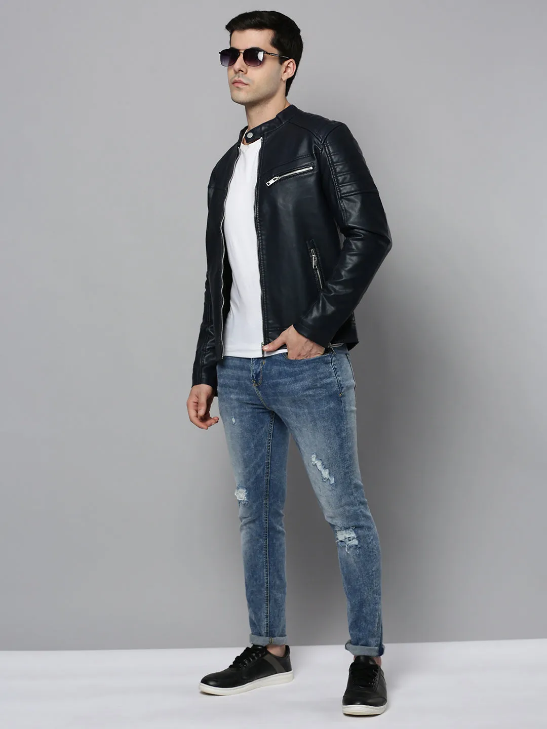 Men Navy Blue Leather Biker Jacket