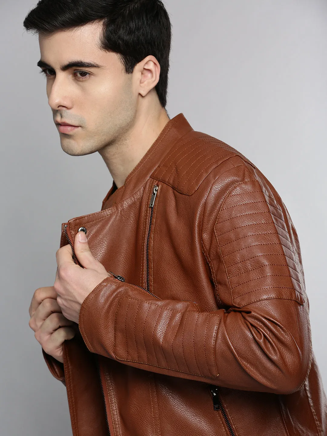 Men Tan Leather Biker Jacket
