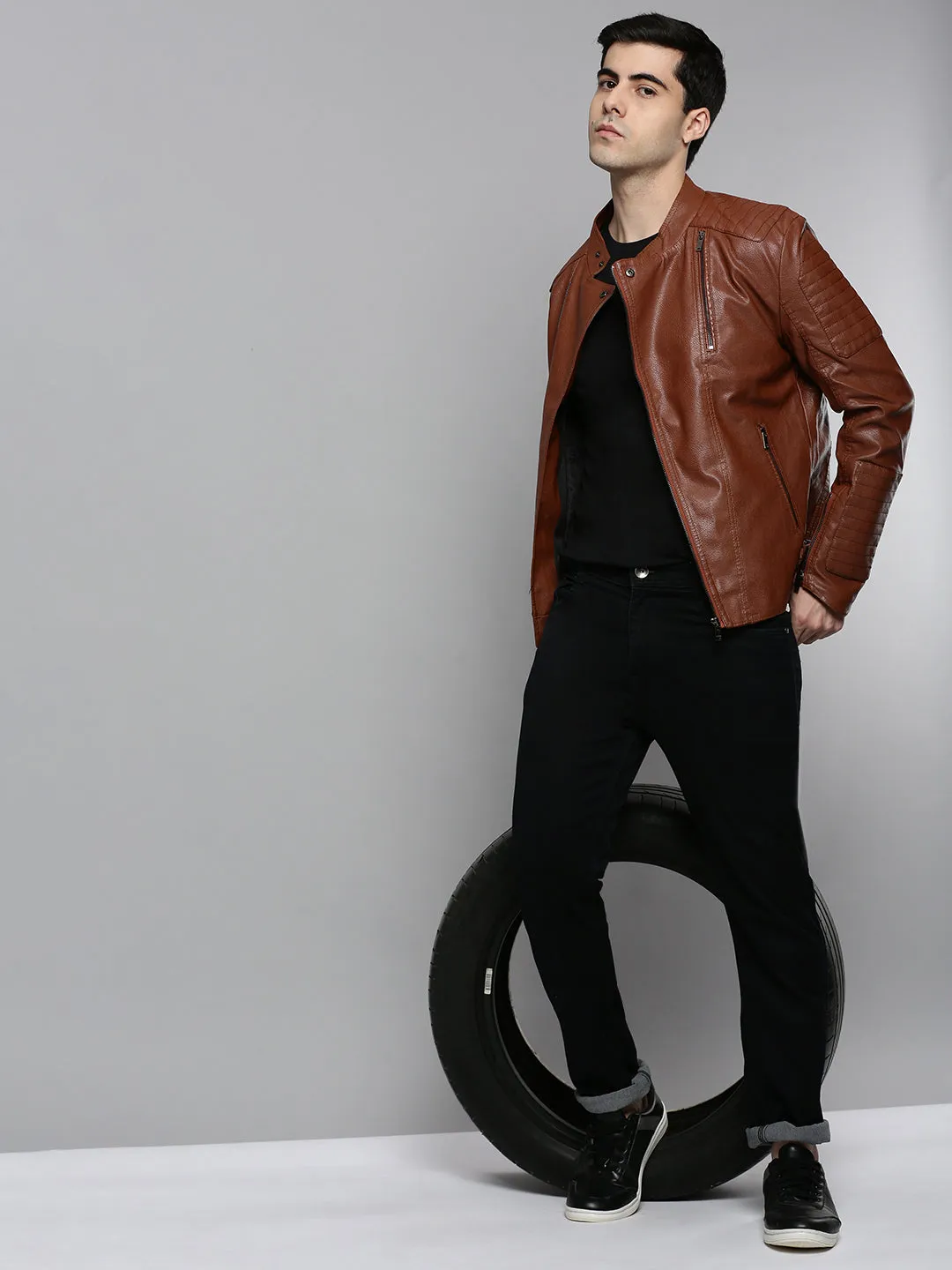 Men Tan Leather Biker Jacket