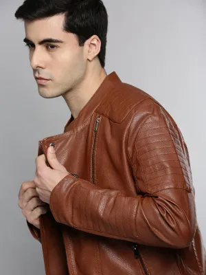 Men Tan Leather Biker Jacket