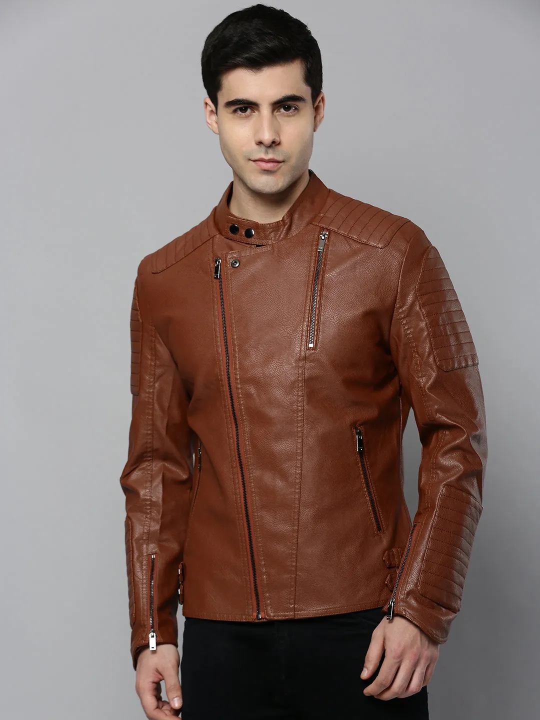 Men Tan Leather Biker Jacket