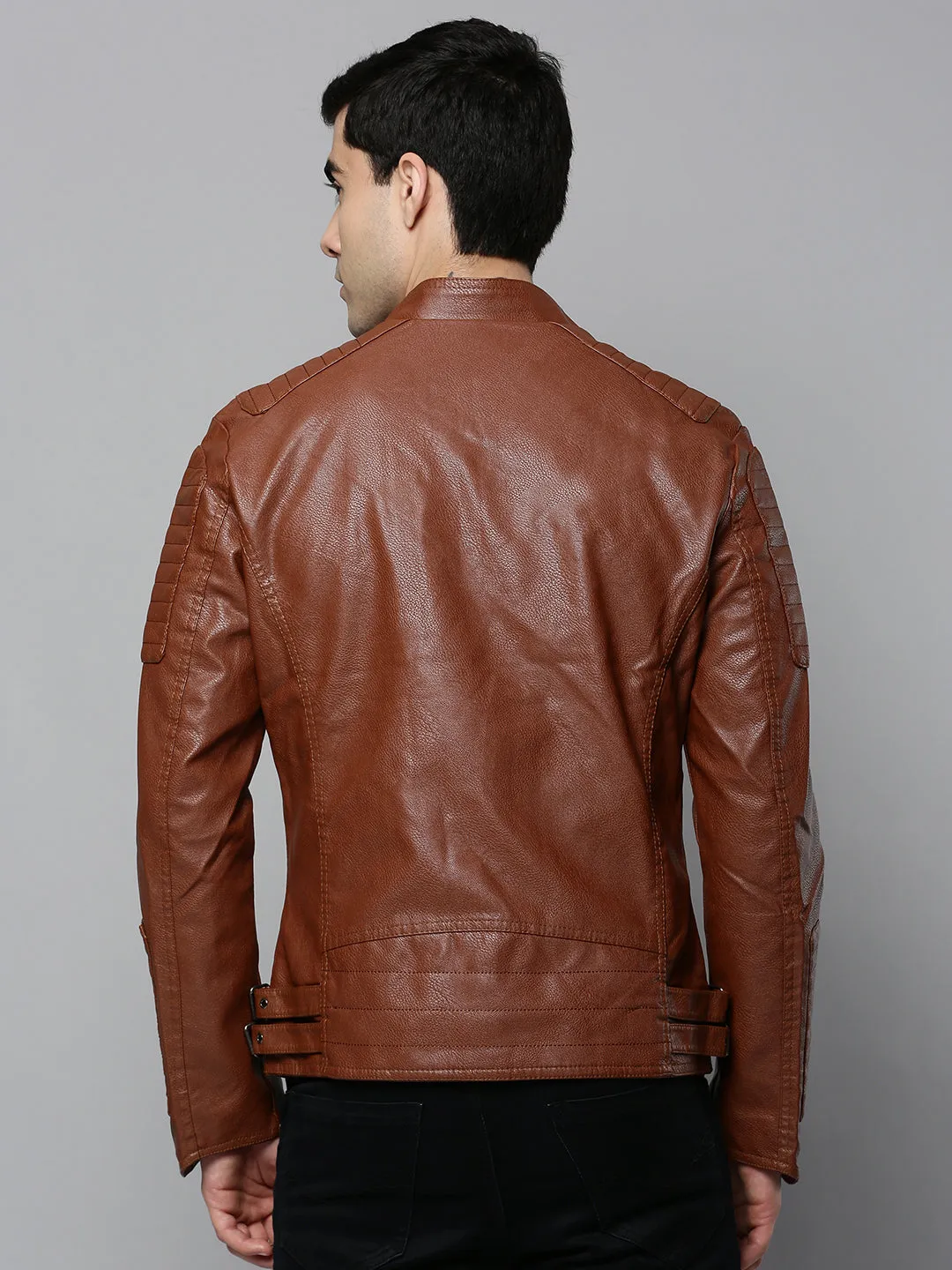 Men Tan Leather Biker Jacket