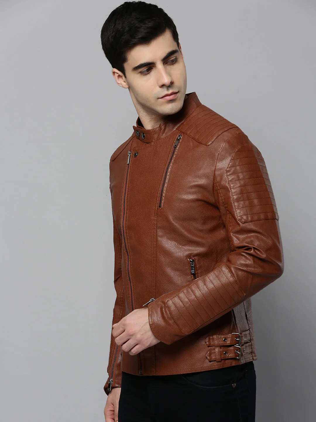 Men Tan Leather Biker Jacket
