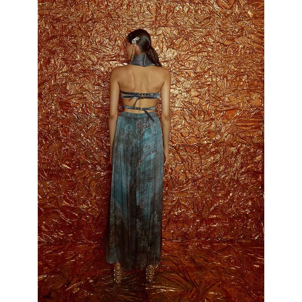 Nirmooha Blue Harness Bustier with Printed Flared Pants (Set of 3)