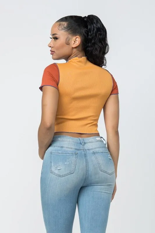 Rib Color Block Crop Top