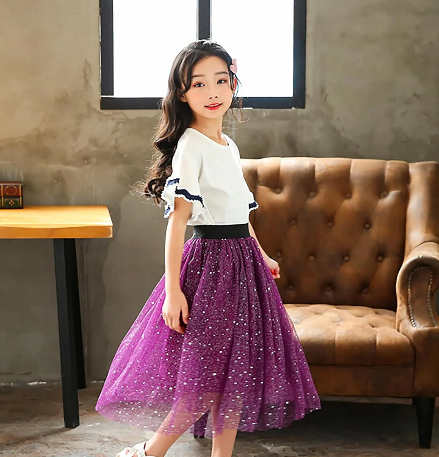 Toddler Little Girls Mesh Tutu Skirts Set Starry Sky Print Mesh Layered Skirts Elastic Waist A-Line Skirts