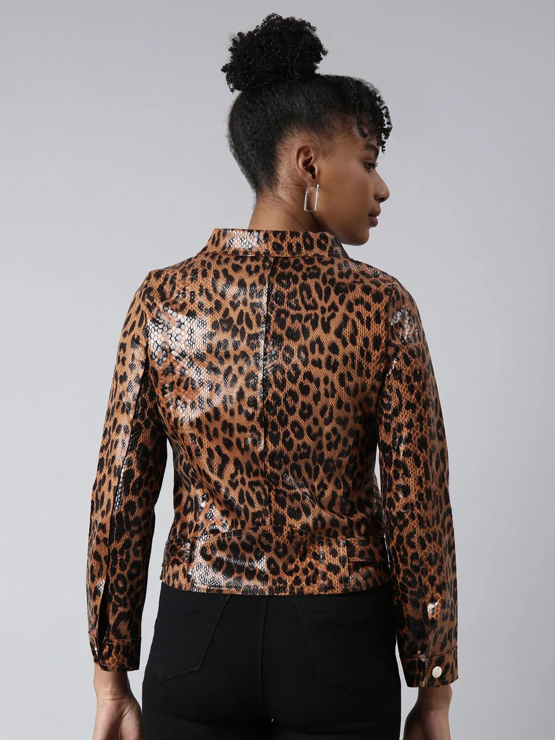 Women Brown Animal Printed Spread Collar Crop Biker Jacket