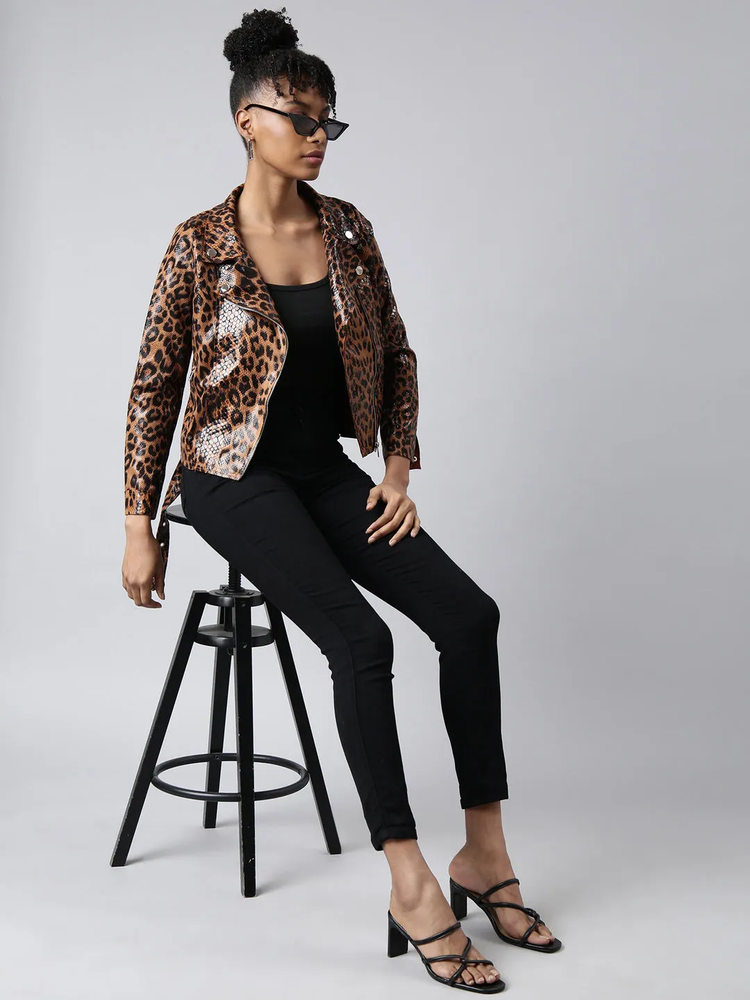 Women Brown Animal Printed Spread Collar Crop Biker Jacket