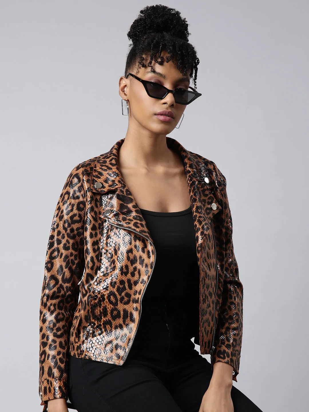 Women Brown Animal Printed Spread Collar Crop Biker Jacket