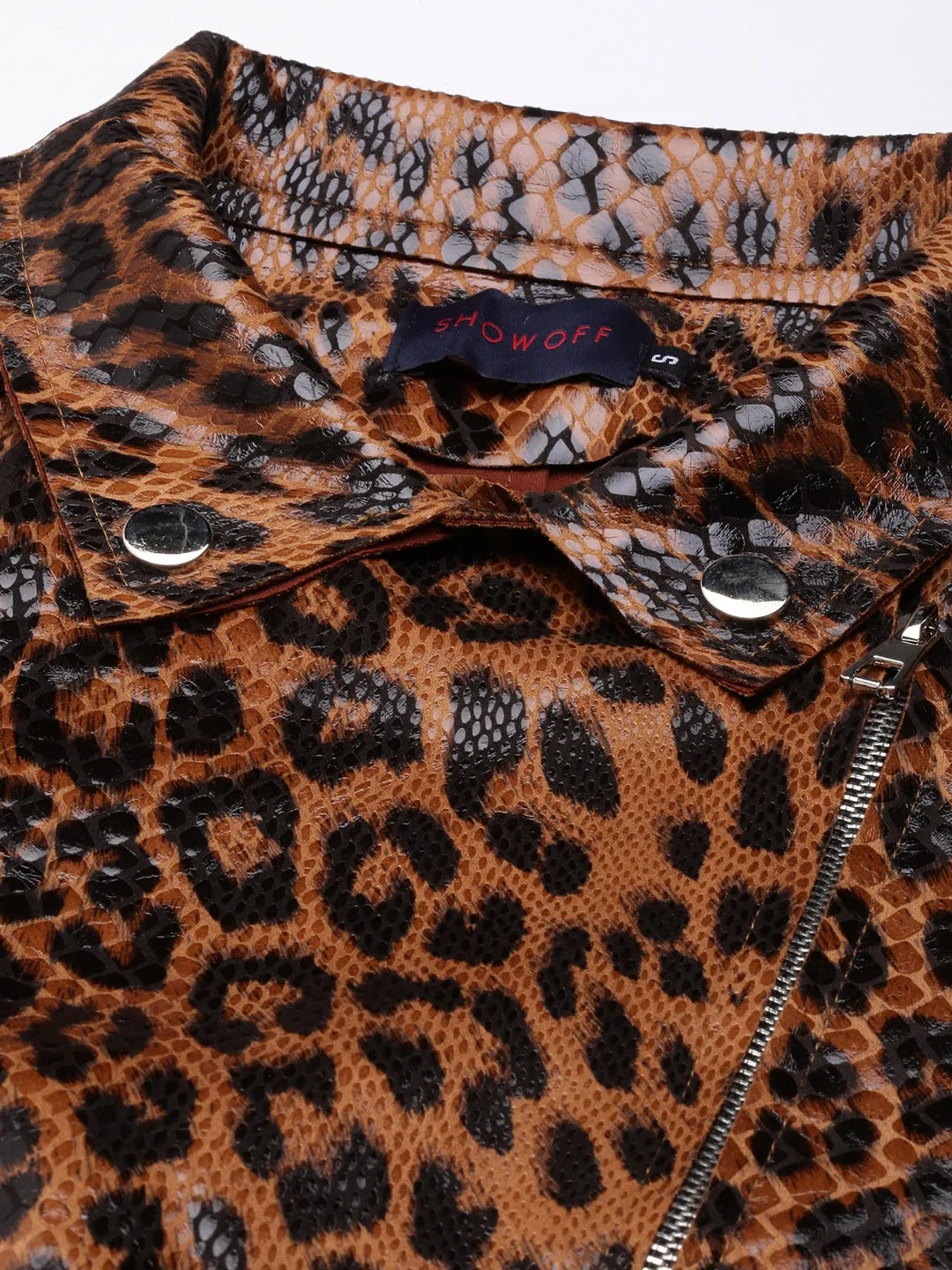 Women Brown Animal Printed Spread Collar Crop Biker Jacket