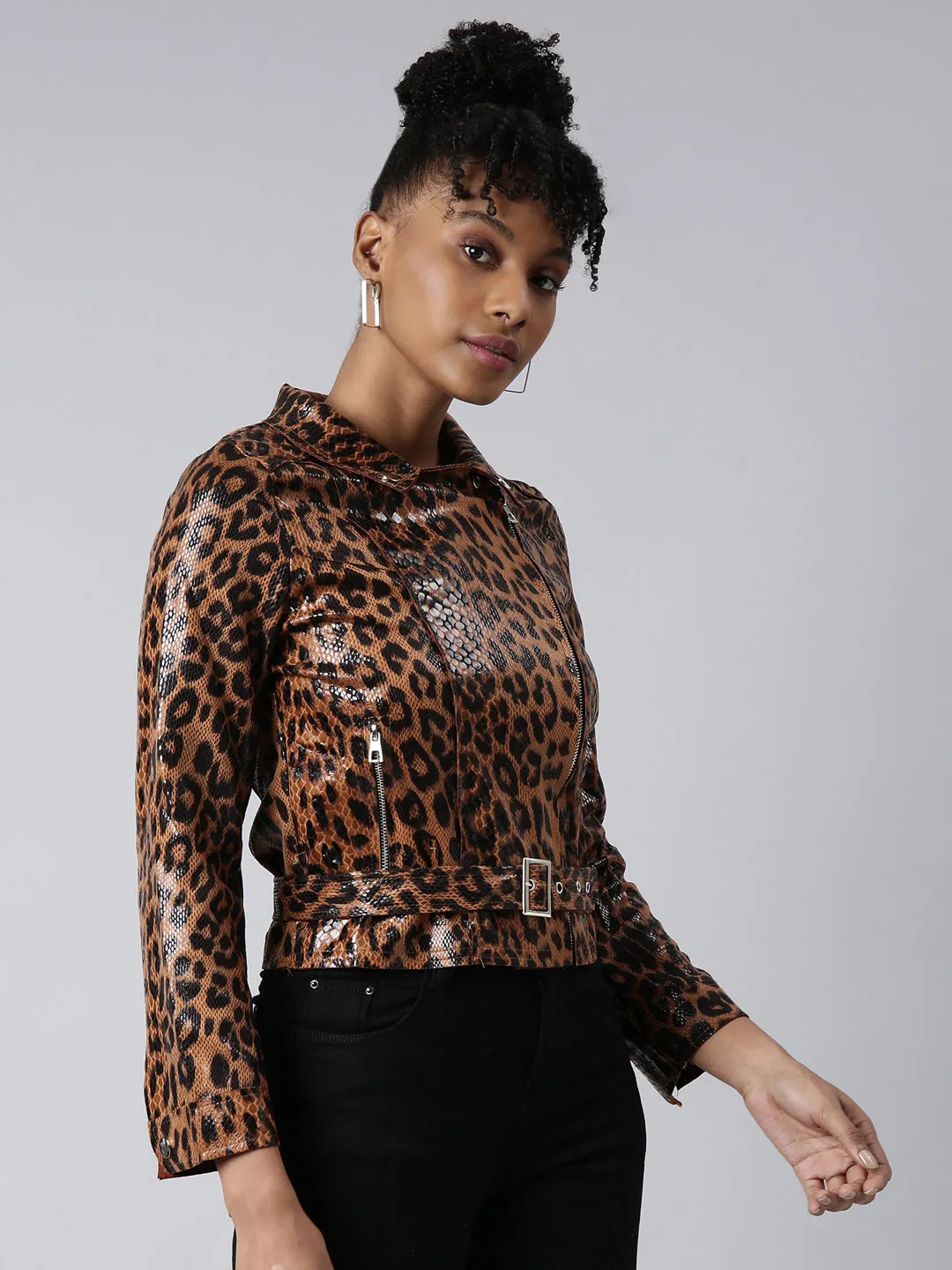 Women Brown Animal Printed Spread Collar Crop Biker Jacket