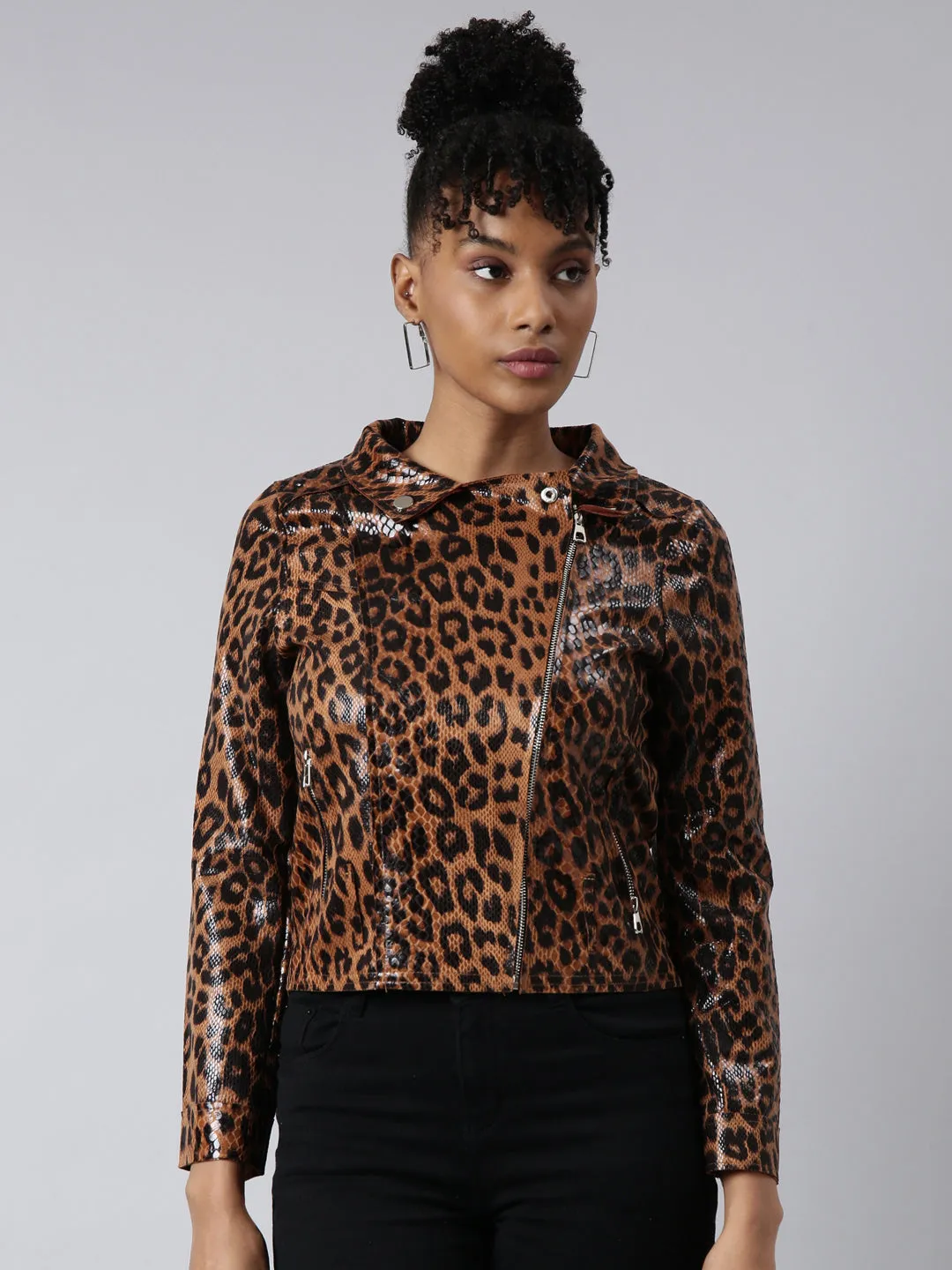 Women Brown Animal Printed Spread Collar Crop Biker Jacket