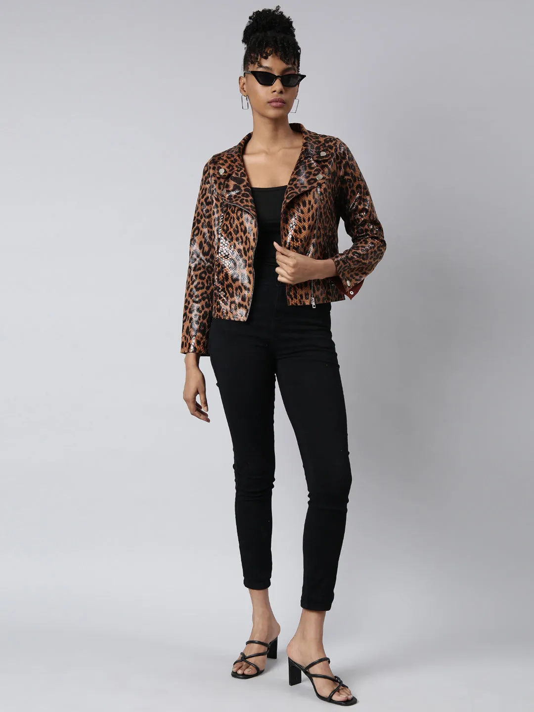 Women Brown Animal Printed Spread Collar Crop Biker Jacket
