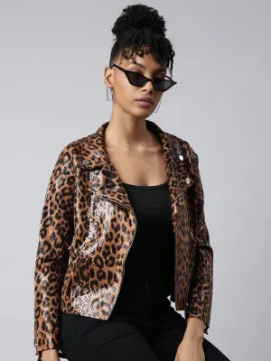 Women Brown Animal Printed Spread Collar Crop Biker Jacket