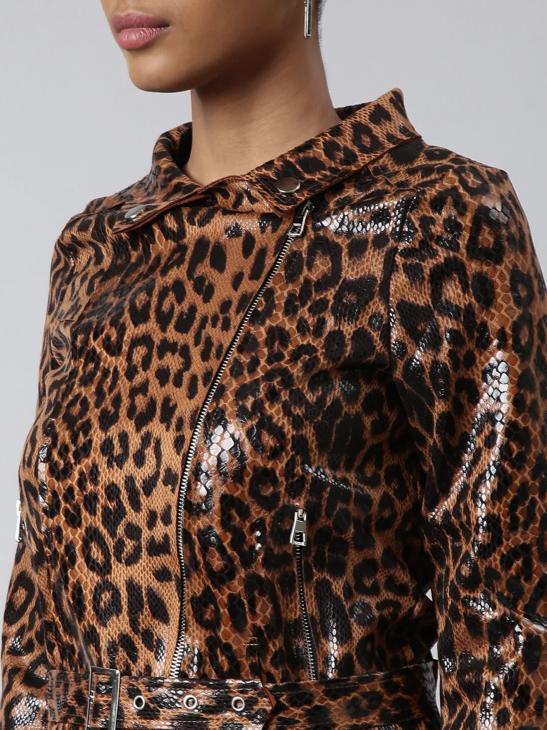 Women Brown Animal Printed Spread Collar Crop Biker Jacket