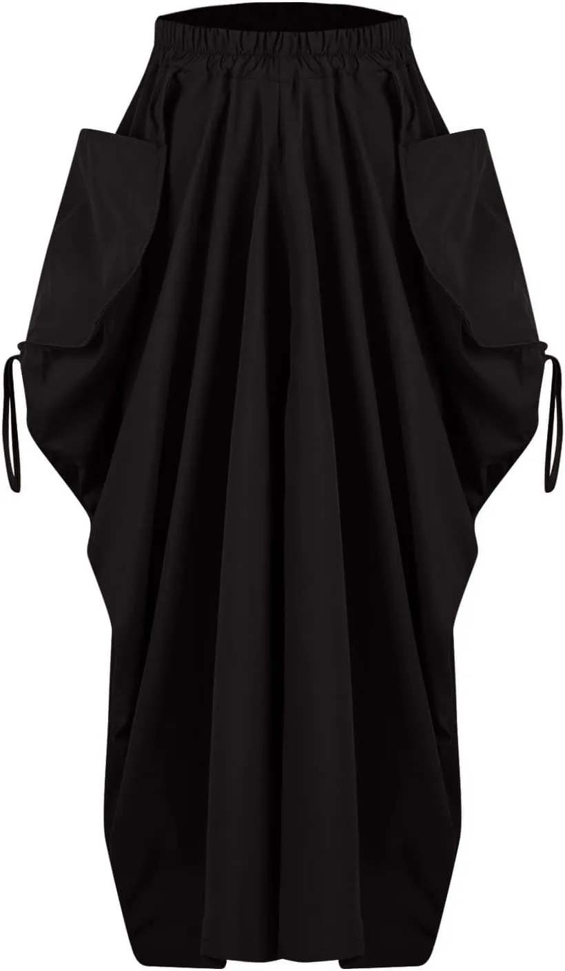 Women's Bohemian Maxi Skirt Vintage Gypsy Elastic High Waist Skirts Casual Loose Fit Peasant Skirt with Pockets