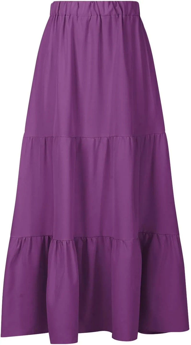 Women's Flowy Maxi Skirt 2025 Summer Ruffle High Waisted A-Line Skirts Casual Solid Long Pleated Skirt with Pockets