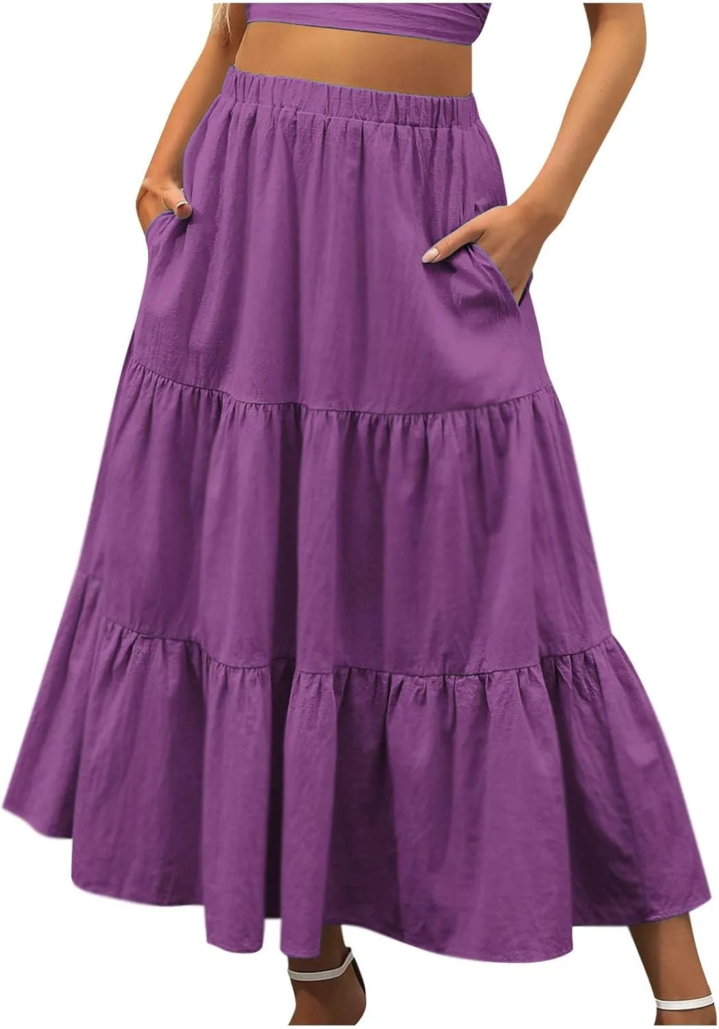 Women's Flowy Maxi Skirt 2025 Summer Ruffle High Waisted A-Line Skirts Casual Solid Long Pleated Skirt with Pockets