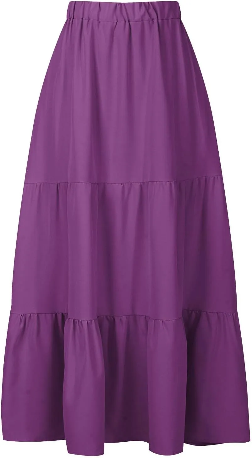 Women's Flowy Maxi Skirt 2025 Summer Ruffle High Waisted A-Line Skirts Casual Solid Long Pleated Skirt with Pockets