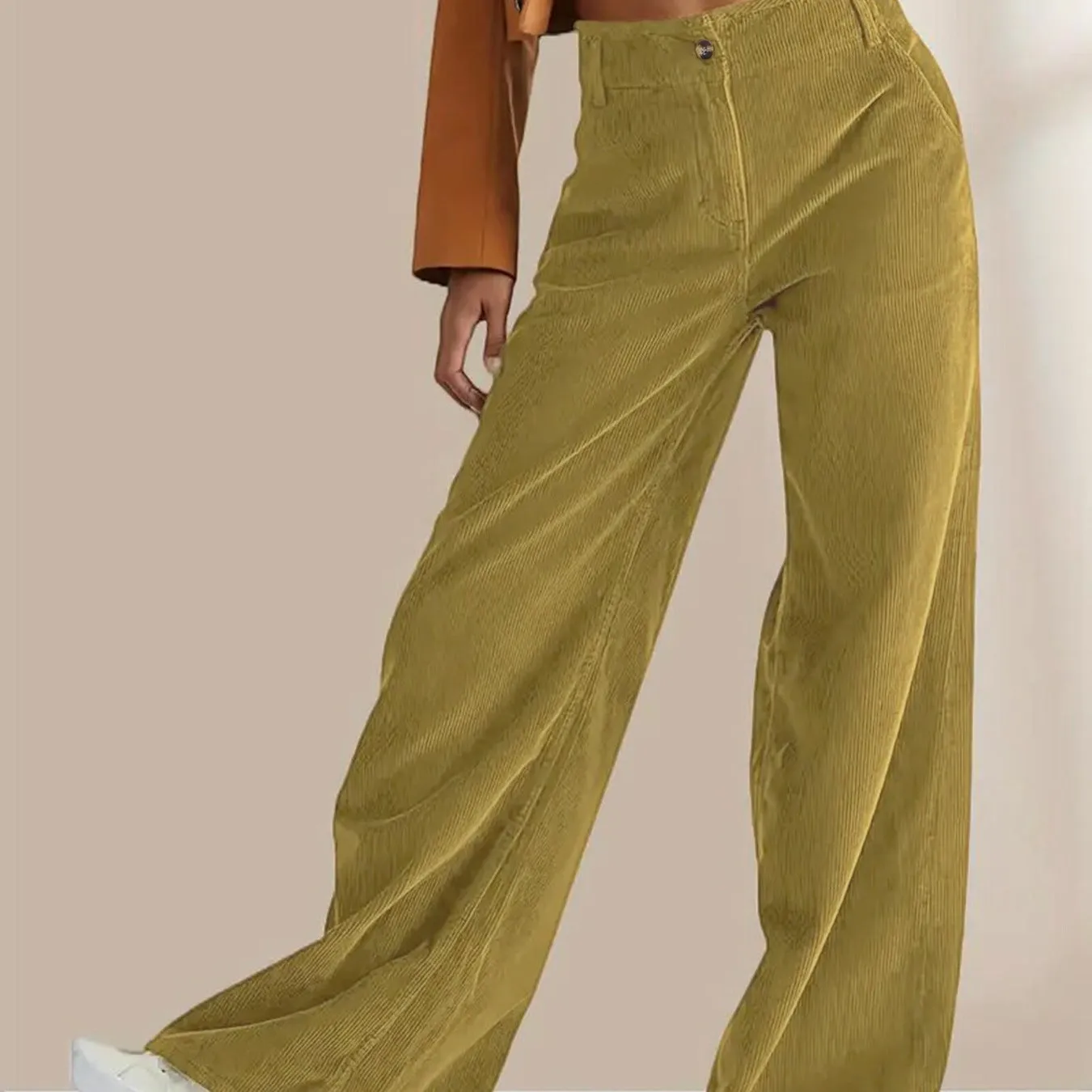 Womens Straight-Leg Pants  Corduroy  High Waist  Casual Fit  Full Length