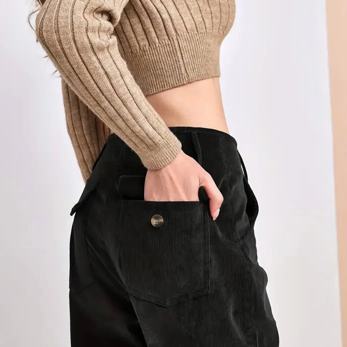 Womens Straight-Leg Pants Corduroy High Waist Casual Fit Full Length